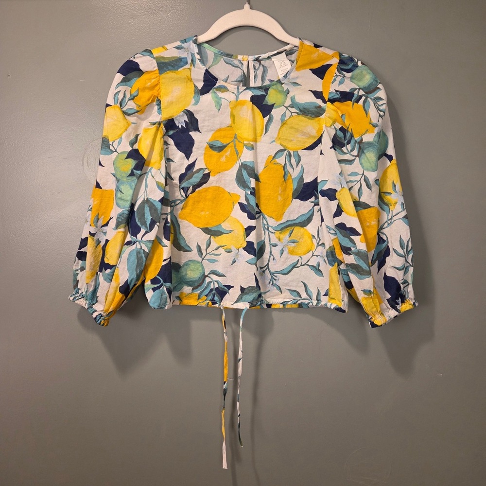 H&M Women's Lemon Print Cropped Blouse Size XS 3/4 Sleeves Oversized 100% Cotton